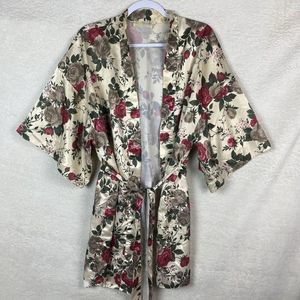 Vintage Val Mode Lingerie‎ Satin Kaftan Robe Women Med Cream Red Floral